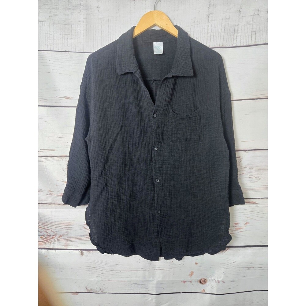 Kona Sol Womens Shirt Medium Navy Blue Cotton Gauze Button Down Beach Coverup